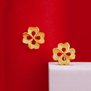 老凤祥和正品18k黄金耳钉新款磨砂四叶草耳环24k999纯金四叶草99
