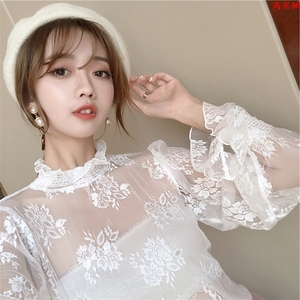 卉菊镂空高领白纱打底衫内搭蕾丝上衣女长袖网纱打底衫半高领内搭
