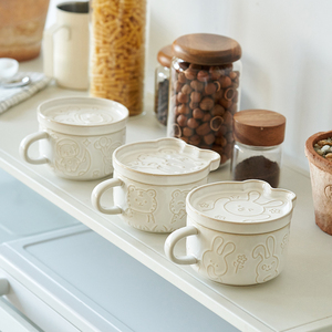 肆月日式早餐杯高颜值麦片杯子把手陶瓷家用浮雕马克杯喝牛奶水杯