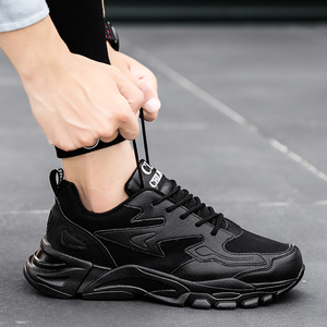 夏季男士全黑色休闲运动鞋潮流皮面防水老爹鞋纯黑百搭跑步男鞋子