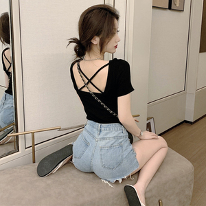 后背性感镂空短袖t恤打底衫女设计感小众韩版短款修身露背上衣女