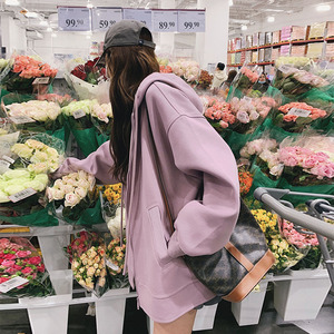 粉紫色卫衣大码胖mm显瘦2024春季新款韩版宽松减龄连帽休闲外套