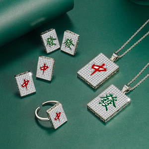 微镶锆石麻将發字中字耳环中国风时尚个性首饰气质方牌耳钉银针女