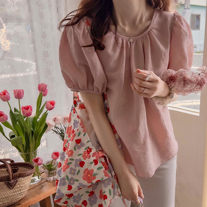 亚麻娃娃衫韩国进口女装正品代购东大门2024夏季新款粉色短袖衬衫