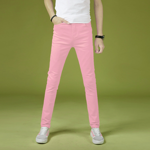 2021新款男士粉色牛仔裤弹力修身小脚裤韩版铅笔裤休闲粉红色长裤