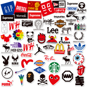 60张潮牌logo手机贴纸品牌涂鸦装饰贴图电脑行李箱笔记本拼贴素材