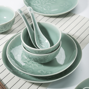 青瓷碗碟套装餐具家用新款茶花陶瓷米饭碗中式菜盘大汤碗高档鱼盘