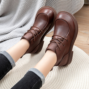 复古系带大头娃娃鞋女秋冬加绒真皮女鞋宽胖脚英伦风手工女士皮鞋