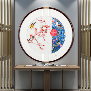 玄关装饰画山水苏绣成品新中式刺绣挂画圆形餐厅壁画客厅背景书房