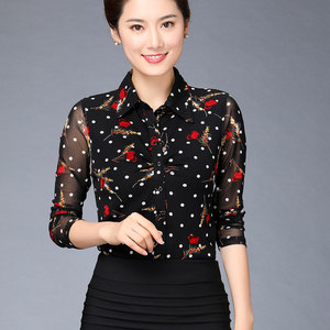 声雨竹网纱衬衫女士波点小衫洋气长袖碎花上衣秋冬加绒加厚衬衣女