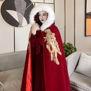 酒红色斗篷敬酒服新娘2021新款冬季加绒加厚秀和服中式婚礼毛领女