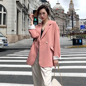 网红粉色小西装外套女2021春秋新款韩版宽松休闲时尚气质学生西服