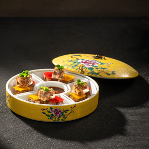 中式珐琅彩圆形盖碗陶瓷意境凉菜盘特色五格点心拼盘创意艺术餐具