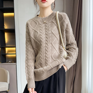 双股加厚复古绞花针织羊绒衫女100纯山羊绒圆领宽松麻花毛衣秋冬