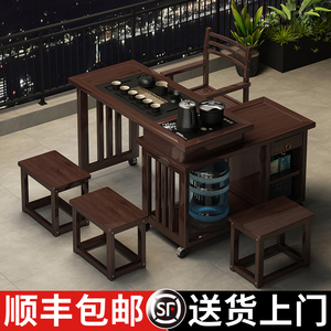 阳台旋转茶桌家用小型茶台可移动实木喝茶桌椅组合多功能茶几套装