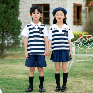 一年级小学生夏季运动纯棉校服英伦风polo衫班服幼儿园海军风园服