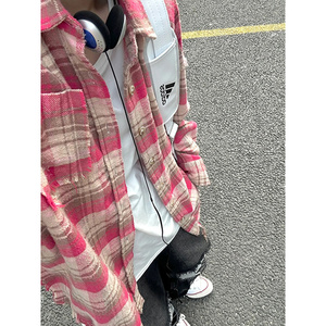 粉红色广东普宁格子衬衫男秋冬美式高街磨毛长袖衬衣cleanfit外套