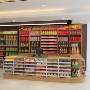 服装店营业厅商店商用过道小型公司便利店收银台柜台复古转角吧台