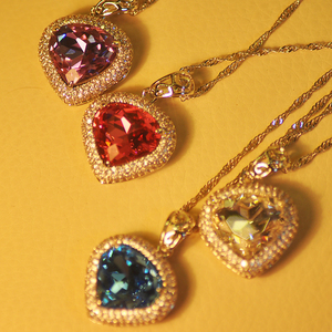 高档之星粉钻水晶滴满钻微镶爱心宝钻项链彩水吊坠锁.骨链毛奢华