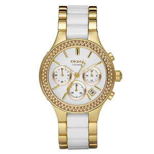 DKNY白色陶瓷手表三眼计时金色商务休闲时尚镶钻石英表防水女表