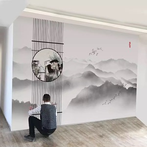 现代新中式壁画山水意境墙纸背景墙布江南风景客厅卧室书房3d壁纸
