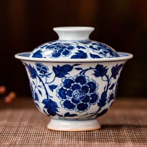 盛博源青花盖碗景德镇陶瓷茶具手绘四项牡丹盖碗单个高档个人专用