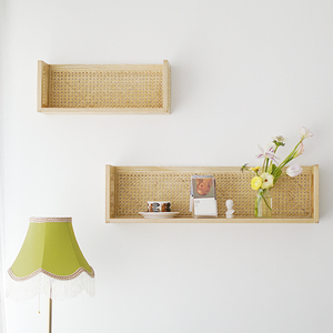 北欧实木置物架客厅卧室墙上书架床头墙面装饰隔板藤编壁挂收纳架