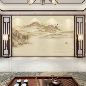 新中式暖黄色大气水墨山水古典意境背景墙纸客厅卧室无缝壁画墙布