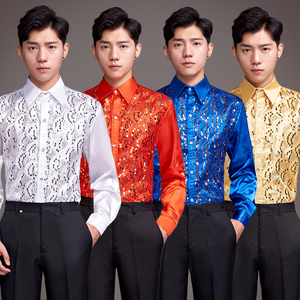 彩色亮片衬衫舞台演出男士衬衣广场舞大合唱表演主持歌手服装大码