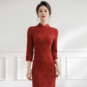 新中式红色旗袍2024年初春新款中国风喜婆婆妈妈高端礼服长款长袖