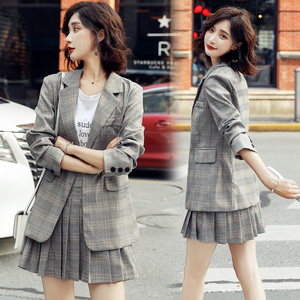 chic小西装外套女韩版学生短裙两件套格子宽松休闲英伦风网红套装
