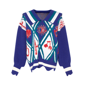 【七七酱专享】图案海军领灯笼袖套头毛衣s22cmy001