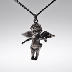 偶屿日韩新品个性订做小天使吊坠925银情侣项链男3d立体天使银饰