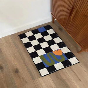 清新仿羊绒地毯黑白色格子简约客厅地垫毛绒感卧室装饰吸水防滑垫