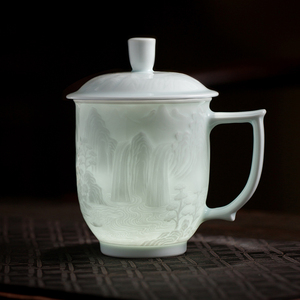景德镇官方陶瓷浮雕家用办公室喝茶杯高档水杯大容量马克杯高级感
