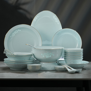 景德镇陶瓷影青白瓷中式玲珑餐具饭碗盘子家用瓷器套装2024年新款