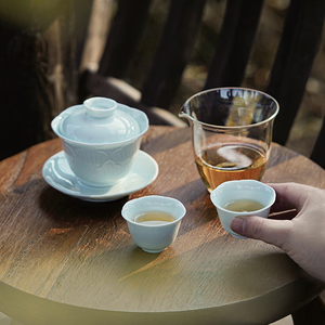 景德镇官方陶瓷青瓷国色天香盖碗茶杯户外便携式旅行功夫茶具套装