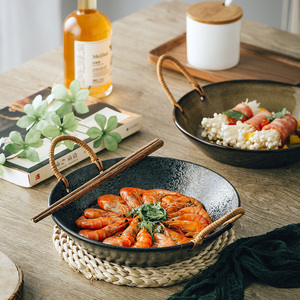 日式复古麻绳双耳盘菜盘子创意家用陶瓷深盘汤碗网红个性特色餐具