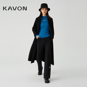 Kavon/卡汶精致简约轻奢垂感复古双排扣造型镶边羊毛混纺绒面大衣