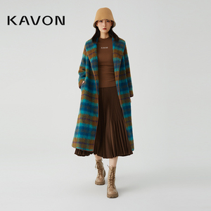 Kavon/卡汶精致国潮轻奢格子撞色镶边H气质羊毛混纺色织翻领大衣