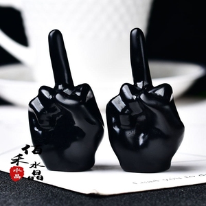 佰禾水晶天然黑曜石原石摆件中指鄙视手势家居办公摆设