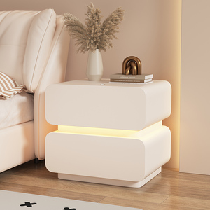 小型床头柜带灯一体奶油风2023新款现代简约创意实木床边柜免安装