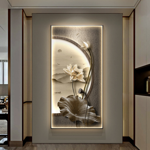 莲花新中式玄关装饰画led灯画入户走廊过道禅意挂画客厅进门壁画