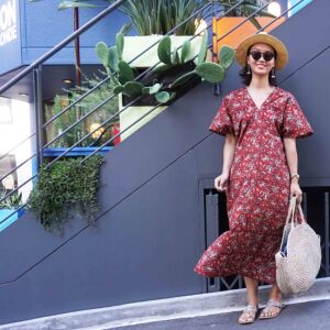 文艺v领植物染印度拓印纯棉宽松系带红色夏袍子女连衣裙长裙davie