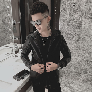 社会精神小伙痞帅连帽皮夹克潮流韩版修身男士s码xs秋装小码皮衣