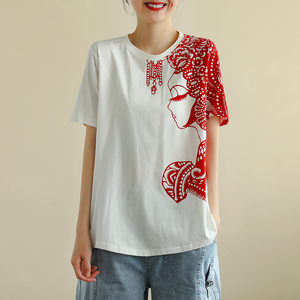 花概念中国民族风短袖t恤女夏季新款宽松大码红色美女印花上衣潮