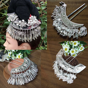 少数民族均码合金月牙花饰头饰发簪梳子苗族演出服银饰品新品包邮