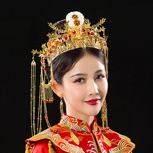 秀禾服新娘古装古代皇冠头饰新娘步摇流苏中式汉服古风凤冠配饰品