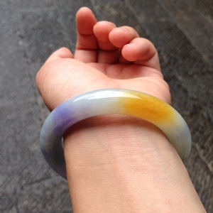 2黄加紫双彩玉镯圆条紫飘黄翡翠手镯天然a货0415