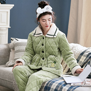 东北棉衣睡衣女秋冬加厚可外穿加绒保暖开衫妈妈三层中年夹棉冬款